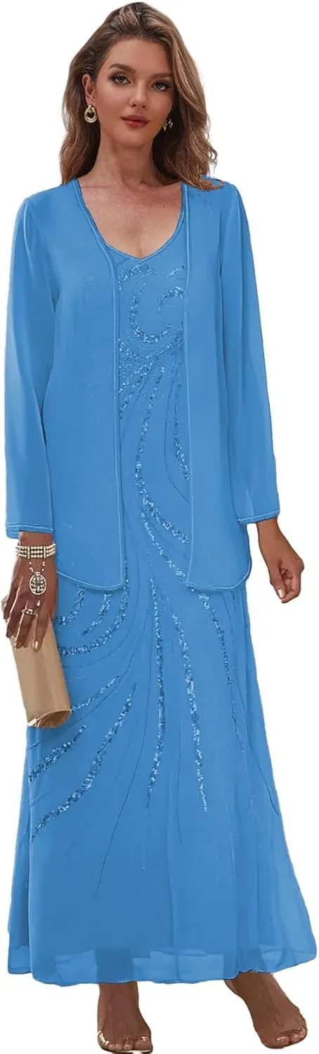 Chiffon Sequin Mother of The Bride Dresses for Wedding 2 Pieces Long Formal Evening Dress with Jacket