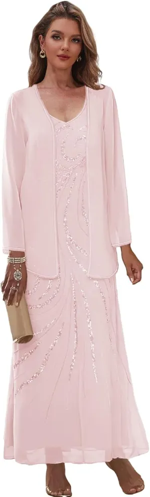 Chiffon Sequin Mother of The Bride Dresses for Wedding 2 Pieces Long Formal Evening Dress with Jacket