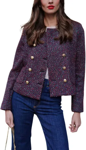 chouyatou Women's Double Breasted Tweed Blazer Jacket Business Casual Dressy Tweed Jacket Office Work Suit
