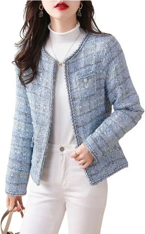 chouyatou Women's Elegant Open Front Tweed Jacket Slim Collarless Bussiness Casual Blazer Jacket