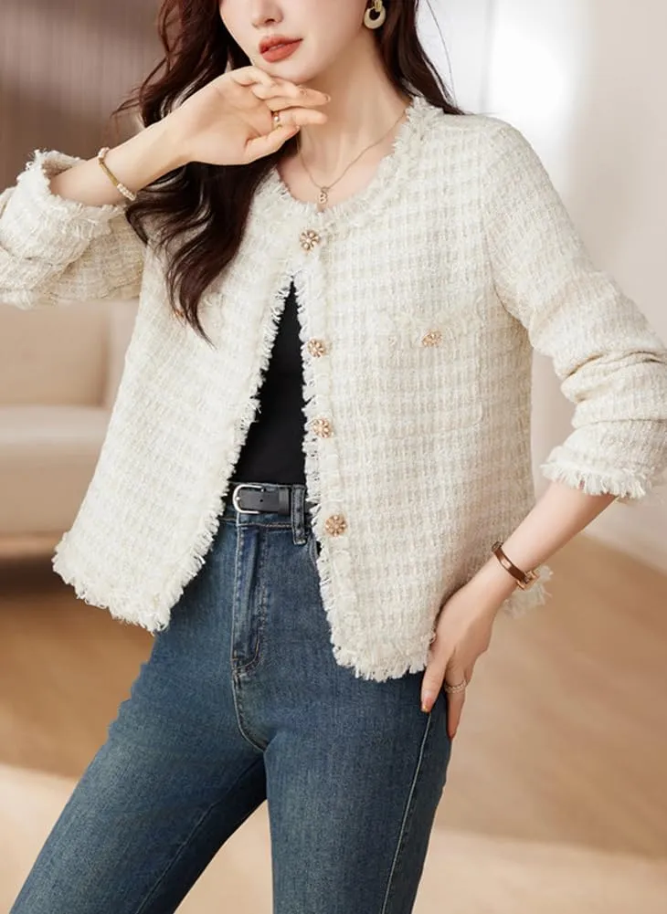 chouyatou Women's Fall Business Casual Tweed Blazer Button Down Dressy Fringed Tassel Jacket Coat