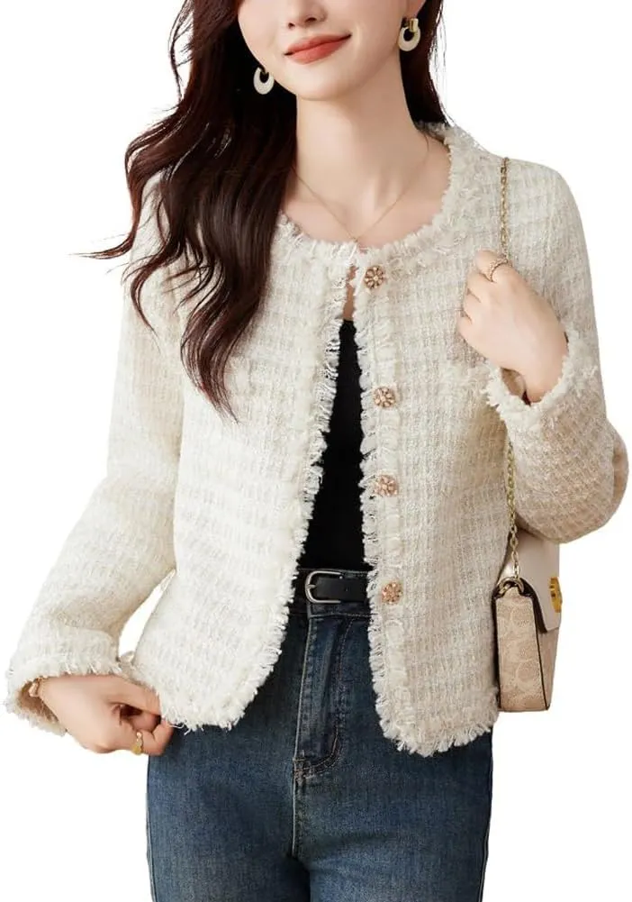 chouyatou Women's Fall Business Casual Tweed Blazer Button Down Dressy Fringed Tassel Jacket Coat