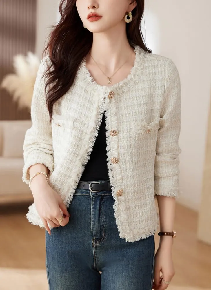 chouyatou Women's Fall Business Casual Tweed Blazer Button Down Dressy Fringed Tassel Jacket Coat