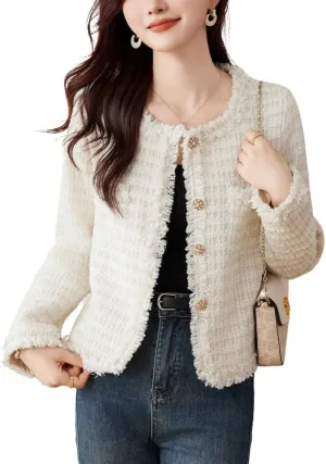 chouyatou Women's Fall Business Casual Tweed Blazer Button Down Dressy Fringed Tassel Jacket Coat