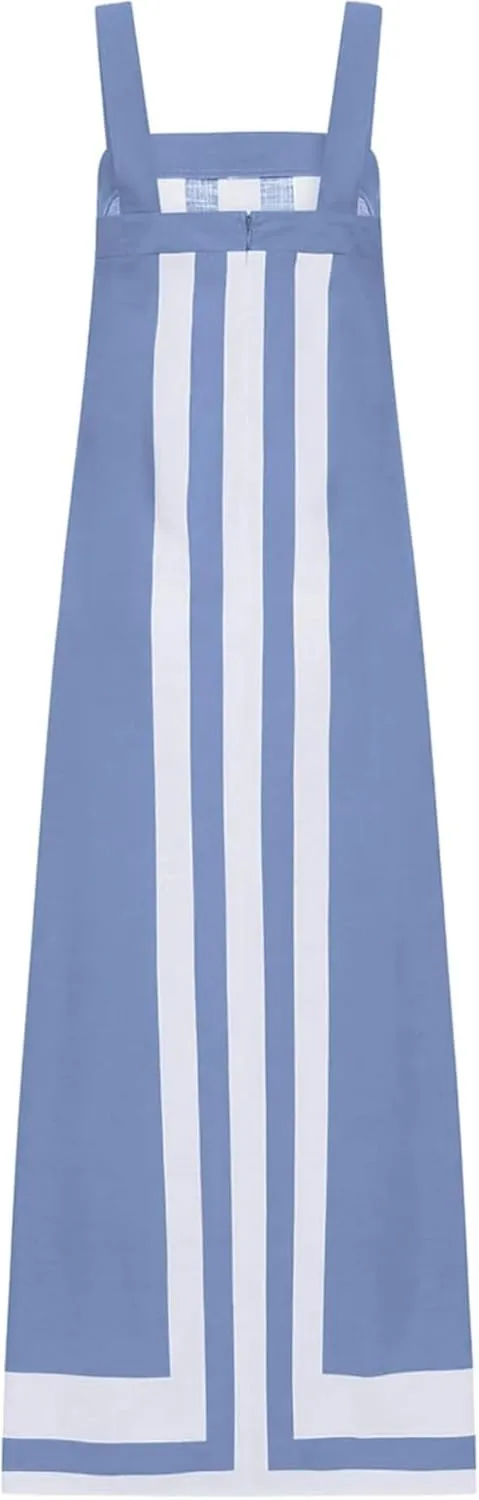 Color Block Maxi Dress for Women Summer Striped Square Neck Backless Long Dress Casual Flowy Beach Vacation Sundress