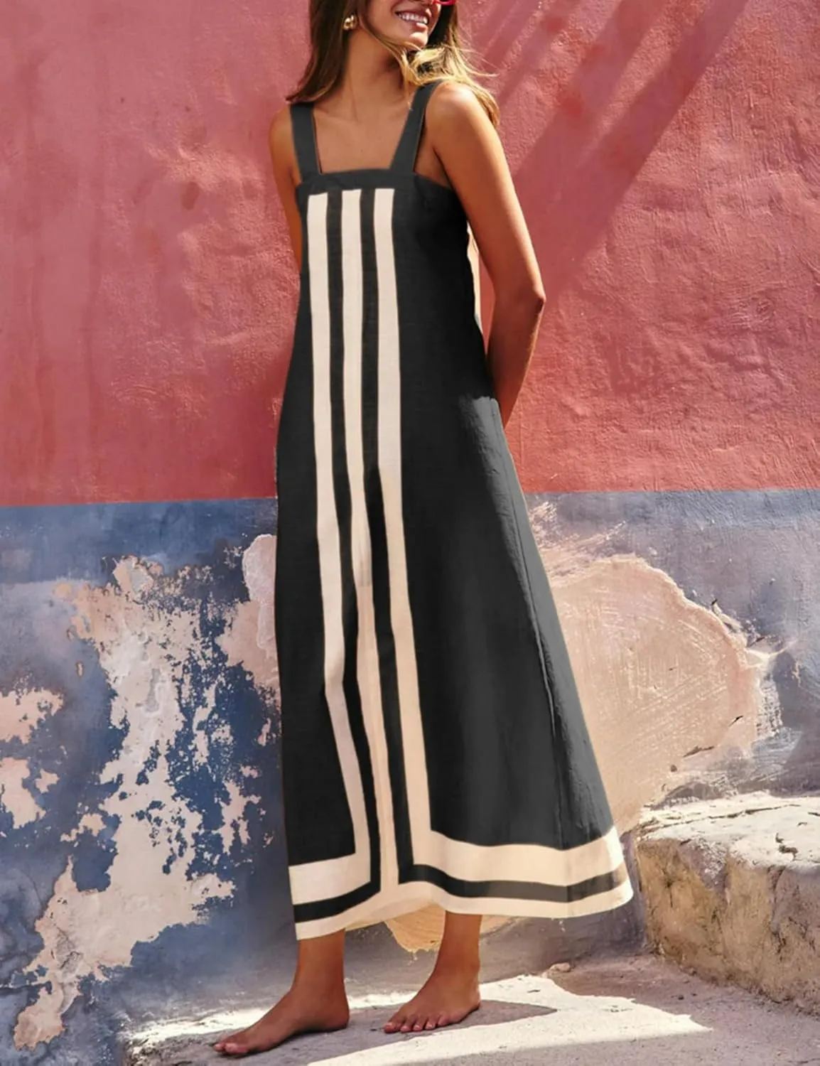 Color Block Maxi Dress for Women Summer Striped Square Neck Backless Long Dress Casual Flowy Beach Vacation Sundress