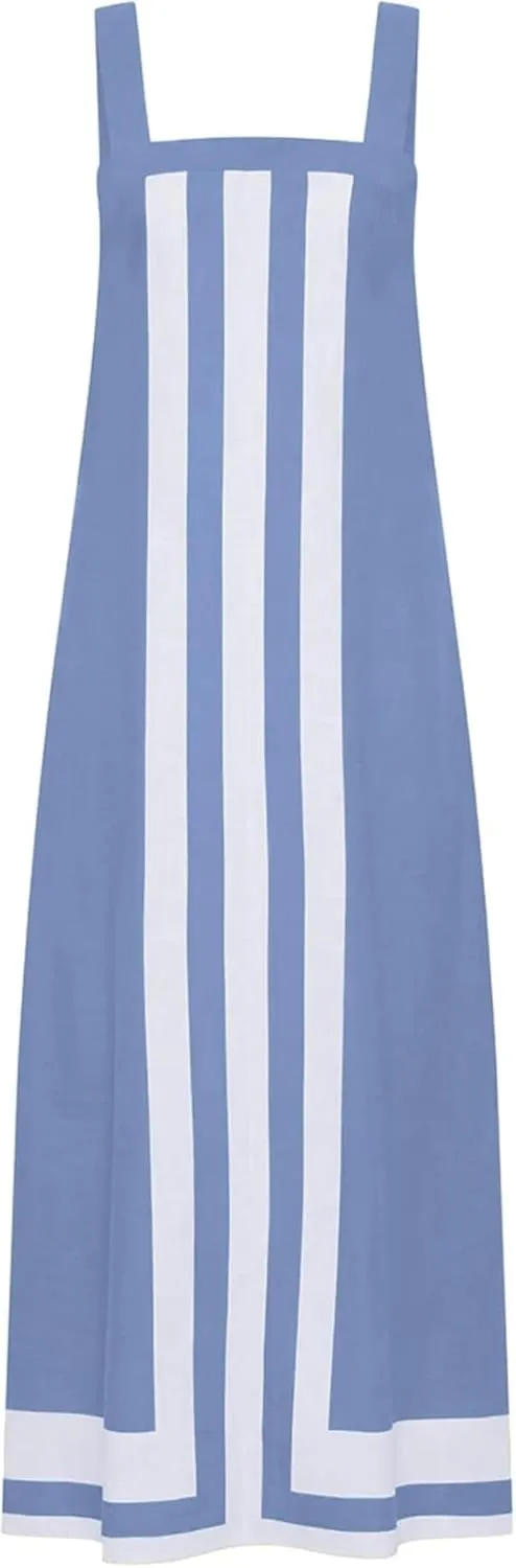 Color Block Maxi Dress for Women Summer Striped Square Neck Backless Long Dress Casual Flowy Beach Vacation Sundress