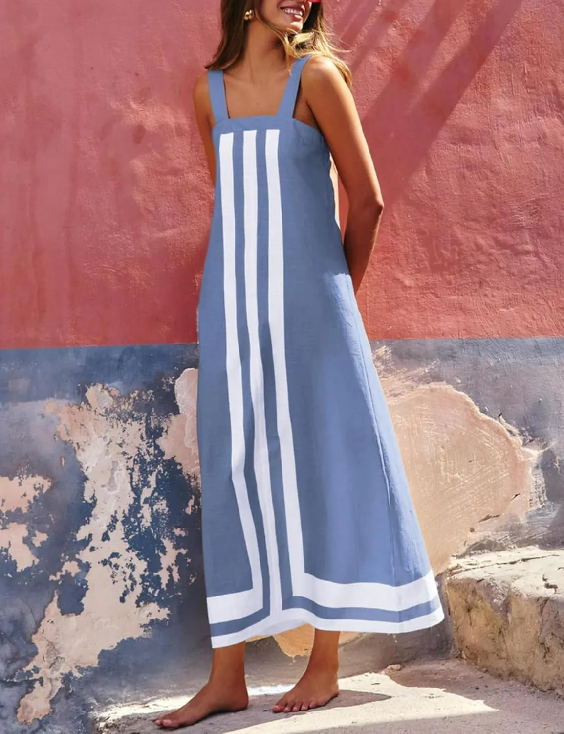 Color Block Maxi Dress for Women Summer Striped Square Neck Backless Long Dress Casual Flowy Beach Vacation Sundress