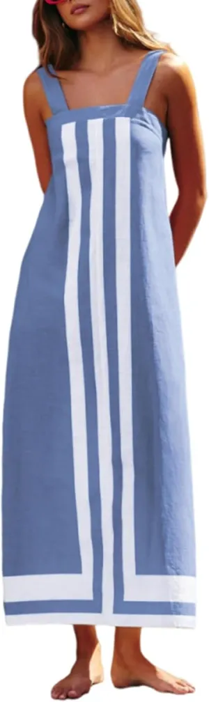 Color Block Maxi Dress for Women Summer Striped Square Neck Backless Long Dress Casual Flowy Beach Vacation Sundress