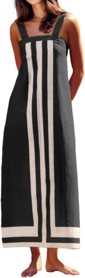 Color Block Maxi Dress for Women Summer Striped Square Neck Backless Long Dress Casual Flowy Beach Vacation Sundress