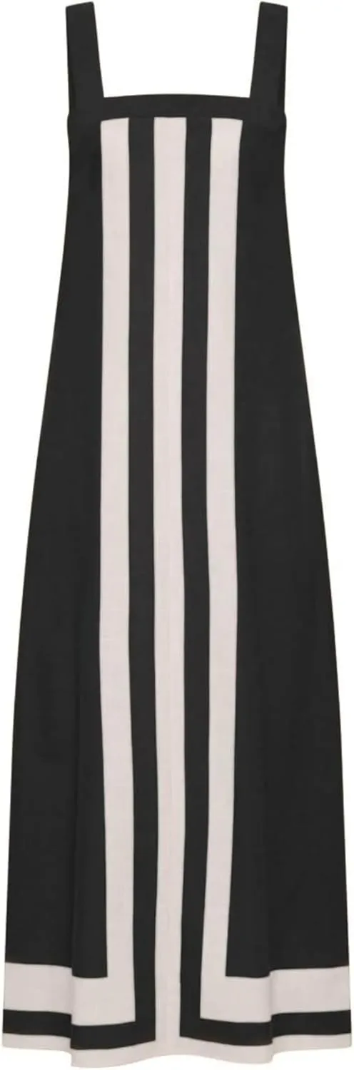 Color Block Maxi Dress for Women Summer Striped Square Neck Backless Long Dress Casual Flowy Beach Vacation Sundress