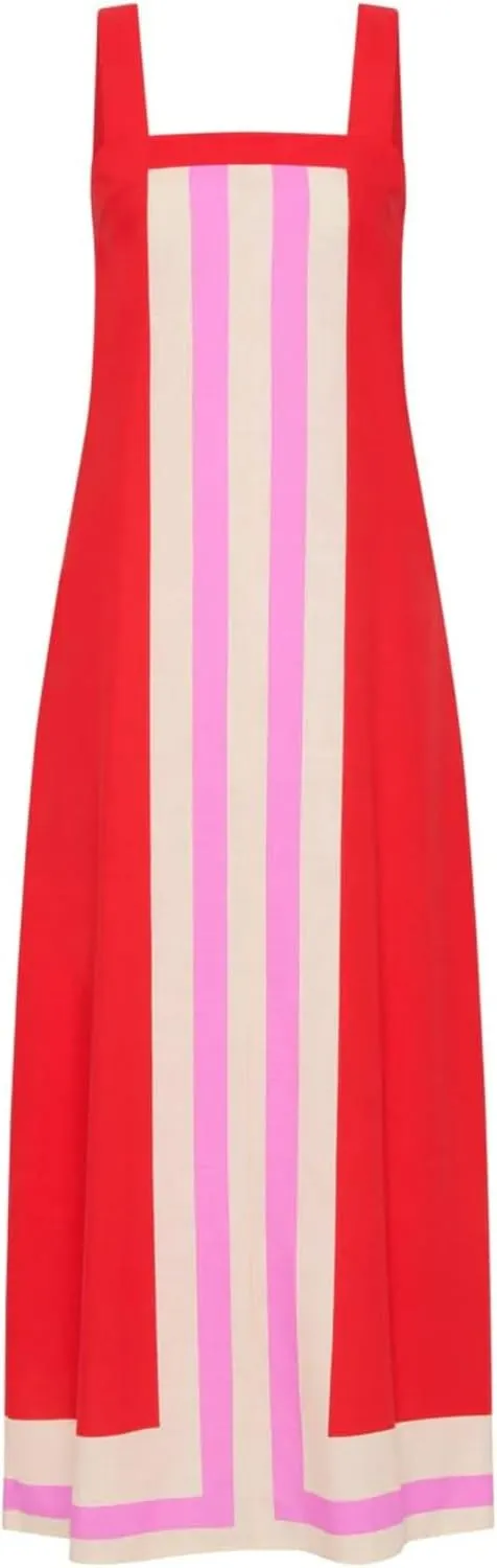 Color Block Maxi Dress for Women Summer Striped Square Neck Backless Long Dress Casual Flowy Beach Vacation Sundress