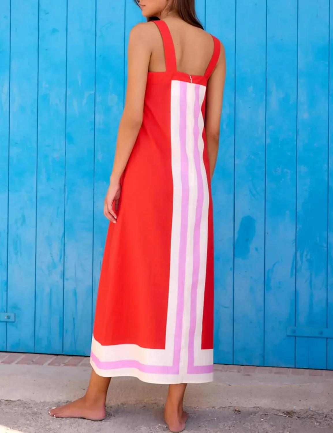 Color Block Maxi Dress for Women Summer Striped Square Neck Backless Long Dress Casual Flowy Beach Vacation Sundress