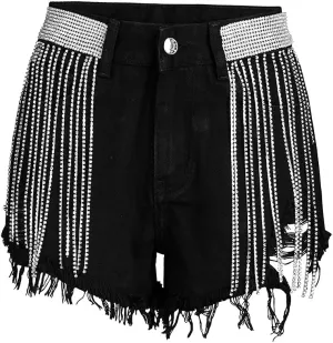 COMLIFE Summer Women's Jean Shorts Tassels Wide Leg Rhinestone Fringe Sexy Denim Short Jeans