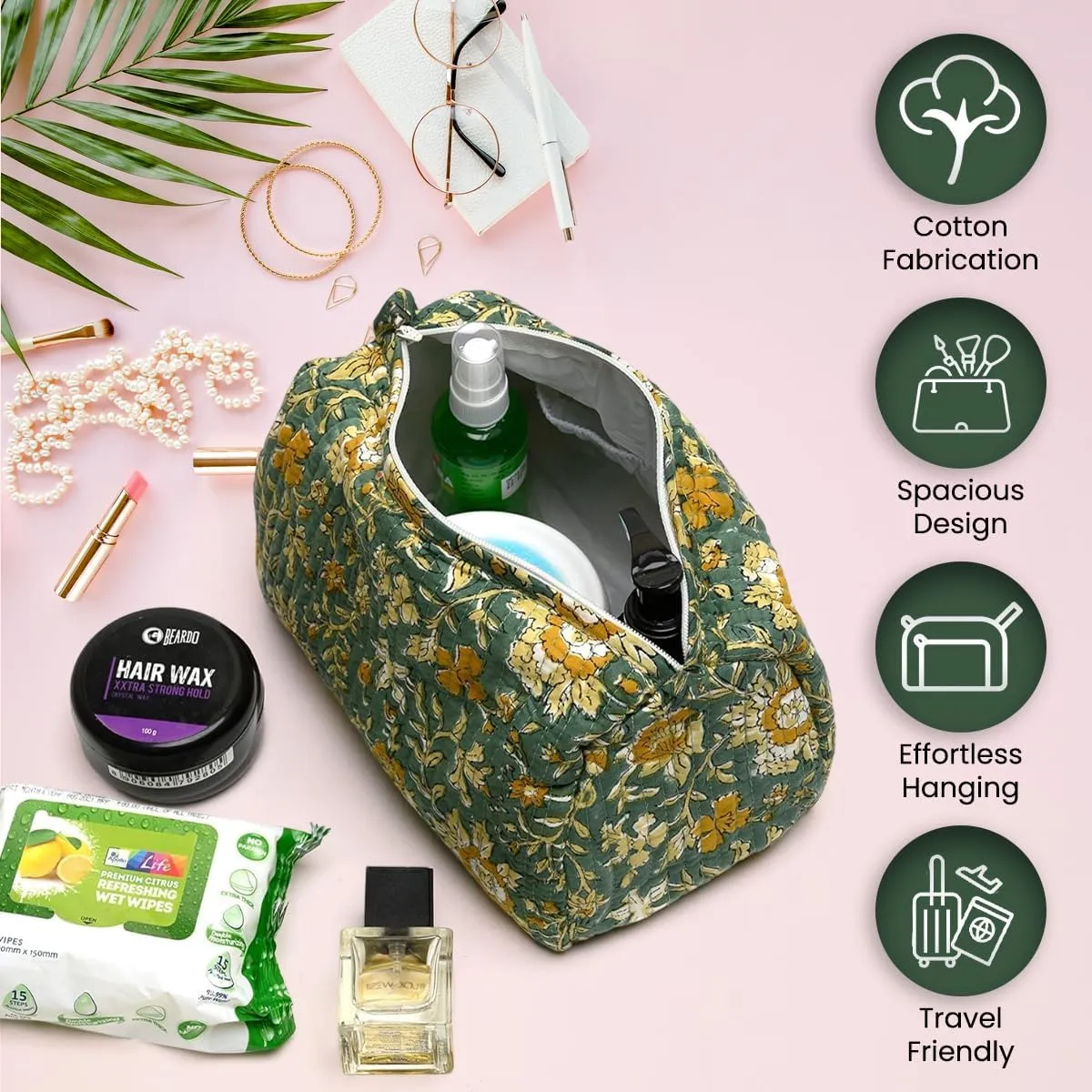 Cotton Hand Block Floral Print Toiletry Bag For Women Make Up Cosmetic Bag Jewelry Organizer Kit Storage Bag Case Travel Accessories Essentials Toiletries Purse Open Pouch, Green (9.25"x 6.88"x 4.5")