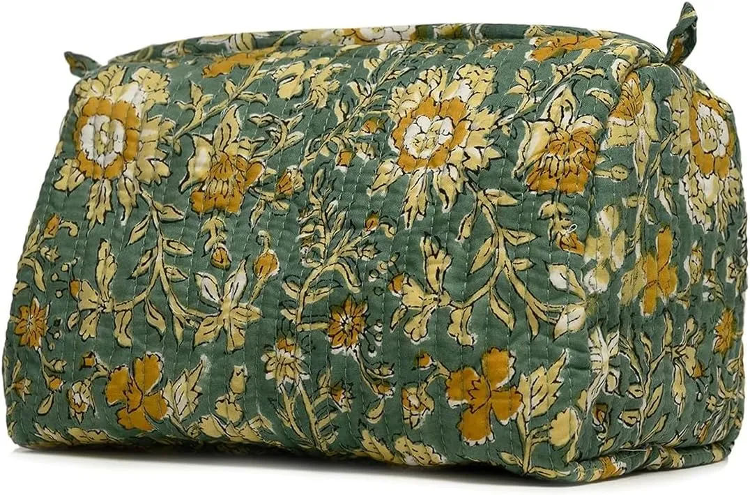 Cotton Hand Block Floral Print Toiletry Bag For Women Make Up Cosmetic Bag Jewelry Organizer Kit Storage Bag Case Travel Accessories Essentials Toiletries Purse Open Pouch, Green (9.25"x 6.88"x 4.5")