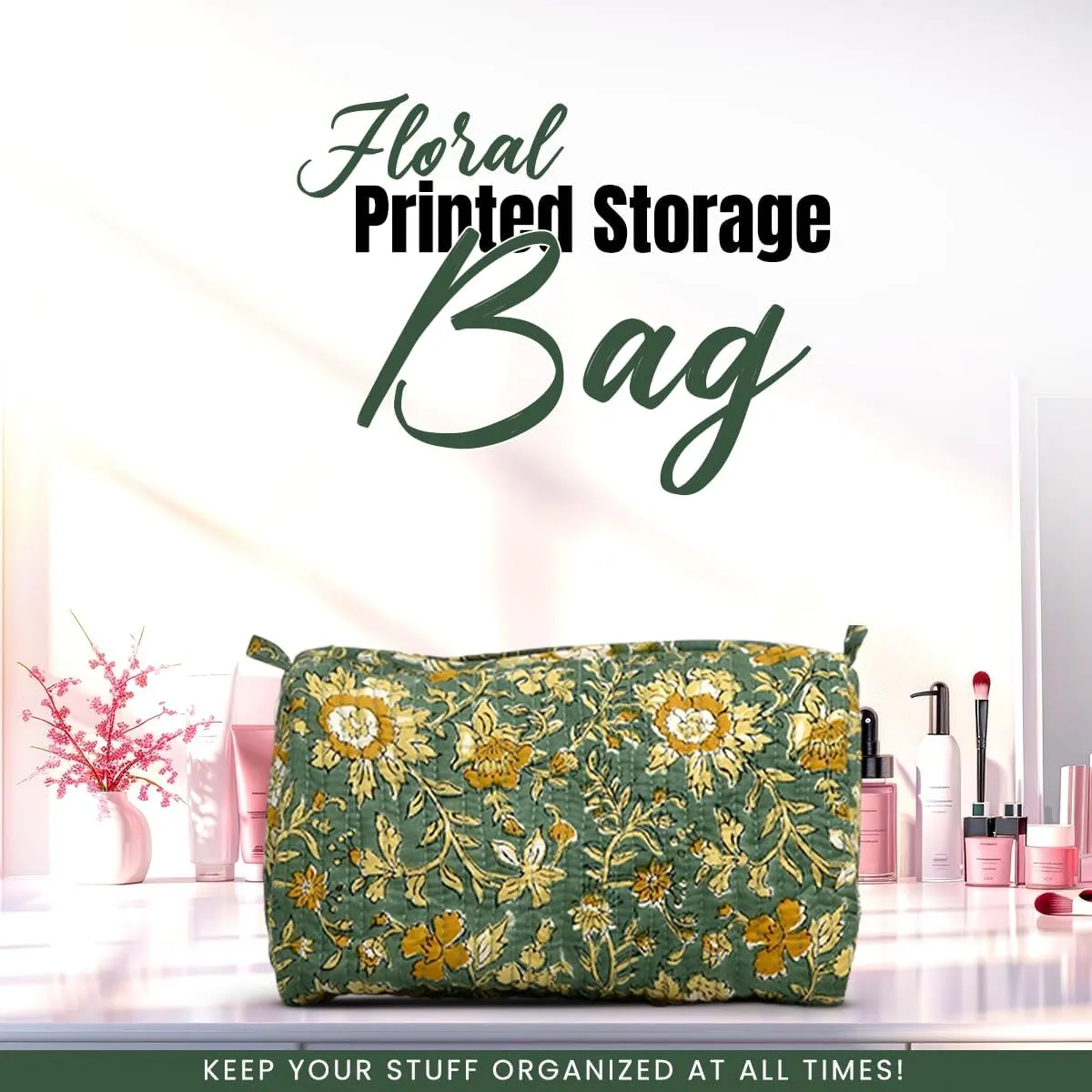 Cotton Hand Block Floral Print Toiletry Bag For Women Make Up Cosmetic Bag Jewelry Organizer Kit Storage Bag Case Travel Accessories Essentials Toiletries Purse Open Pouch, Green (9.25"x 6.88"x 4.5")
