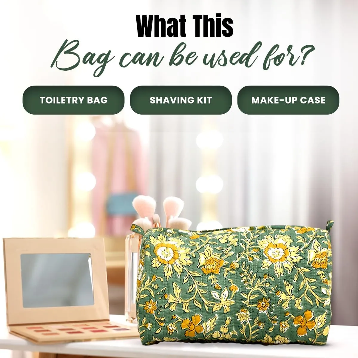 Cotton Hand Block Floral Print Toiletry Bag For Women Make Up Cosmetic Bag Jewelry Organizer Kit Storage Bag Case Travel Accessories Essentials Toiletries Purse Open Pouch, Green (9.25"x 6.88"x 4.5")