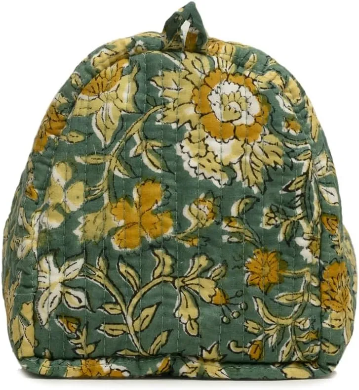 Cotton Hand Block Floral Print Toiletry Bag For Women Make Up Cosmetic Bag Jewelry Organizer Kit Storage Bag Case Travel Accessories Essentials Toiletries Purse Open Pouch, Green (9.25"x 6.88"x 4.5")