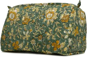 Cotton Hand Block Floral Print Toiletry Bag For Women Make Up Cosmetic Bag Jewelry Organizer Kit Storage Bag Case Travel Accessories Essentials Toiletries Purse Open Pouch, Green (9.25"x 6.88"x 4.5")