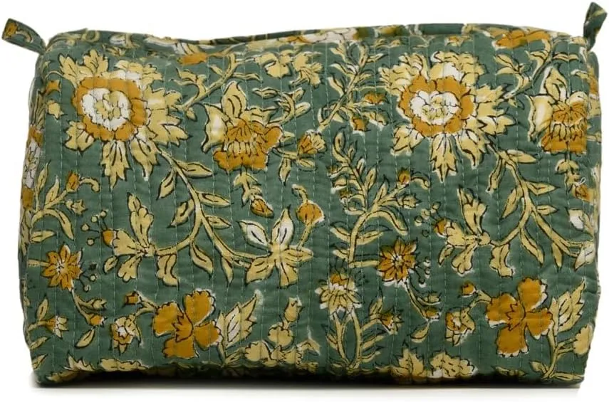 Cotton Hand Block Floral Print Toiletry Bag For Women Make Up Cosmetic Bag Jewelry Organizer Kit Storage Bag Case Travel Accessories Essentials Toiletries Purse Open Pouch, Green (9.25"x 6.88"x 4.5")