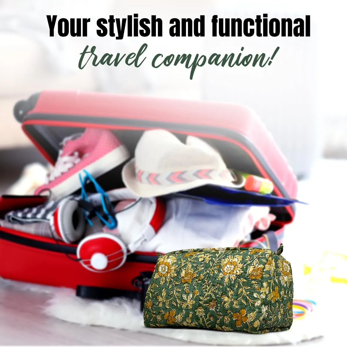Cotton Hand Block Floral Print Toiletry Bag For Women Make Up Cosmetic Bag Jewelry Organizer Kit Storage Bag Case Travel Accessories Essentials Toiletries Purse Open Pouch, Green (9.25"x 6.88"x 4.5")