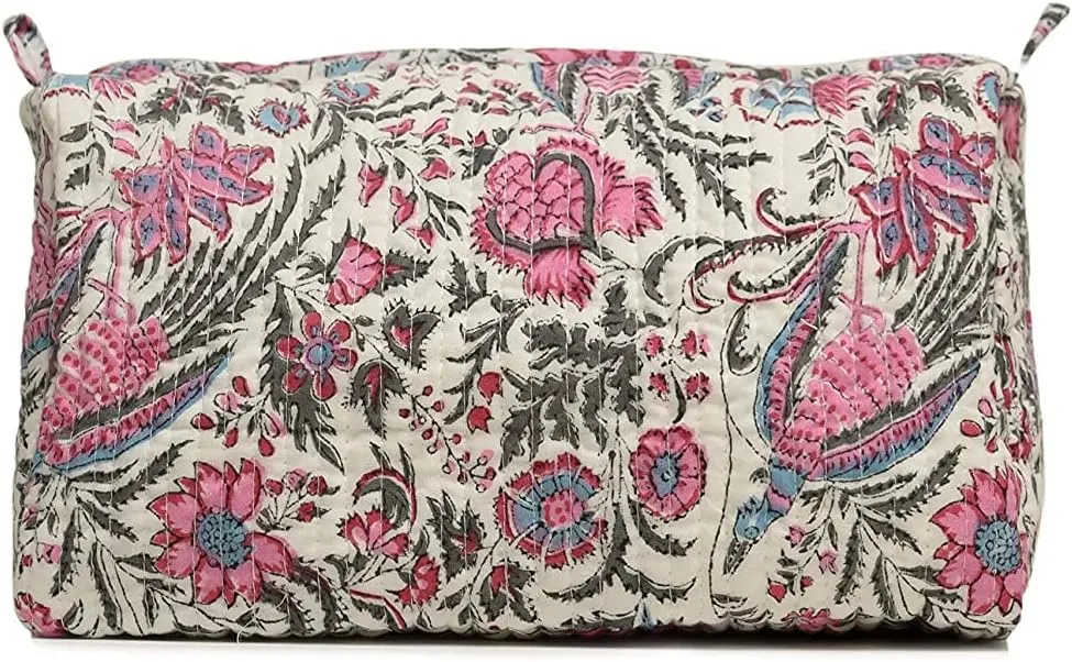 Cotton Hand Block Floral Print Toiletry Bag For Women Make Up Cosmetic Bag Jewelry Organizer Kit Storage Bag Case Travel Accessories Essentials Toiletries Purse Open Pouch, Multi (9.25"x 6.88"x 4.5")