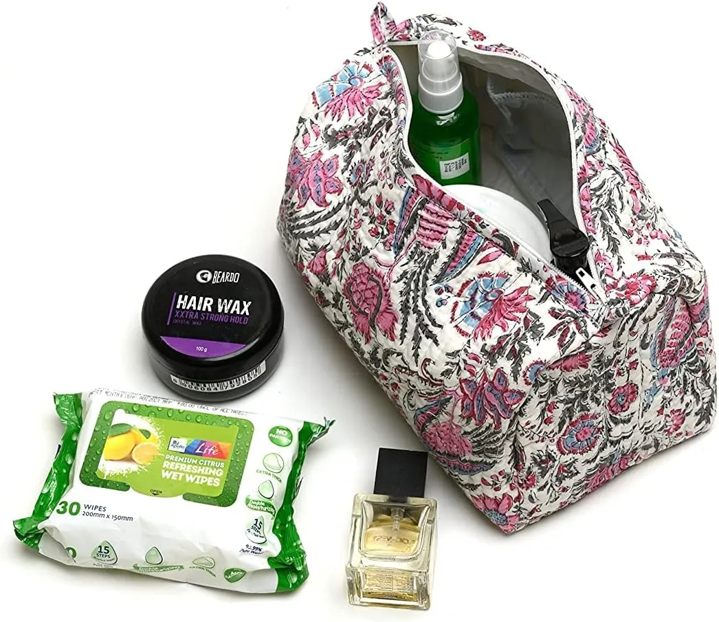 Cotton Hand Block Floral Print Toiletry Bag For Women Make Up Cosmetic Bag Jewelry Organizer Kit Storage Bag Case Travel Accessories Essentials Toiletries Purse Open Pouch, Multi (9.25"x 6.88"x 4.5")