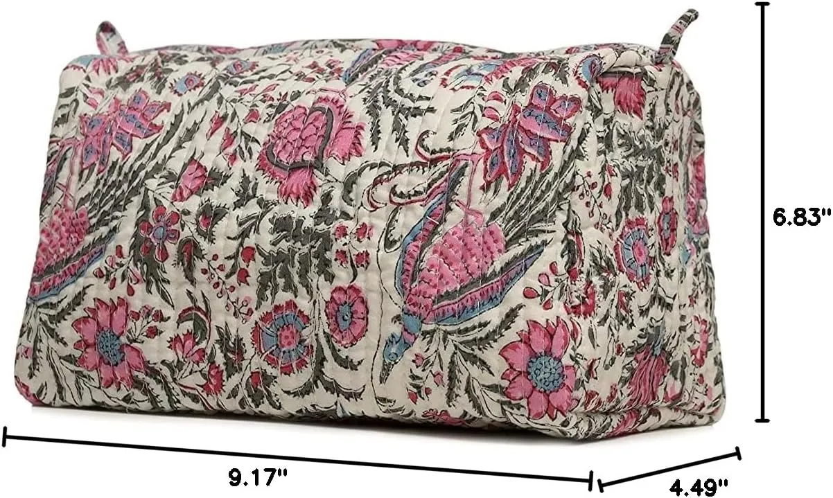 Cotton Hand Block Floral Print Toiletry Bag For Women Make Up Cosmetic Bag Jewelry Organizer Kit Storage Bag Case Travel Accessories Essentials Toiletries Purse Open Pouch, Multi (9.25"x 6.88"x 4.5")