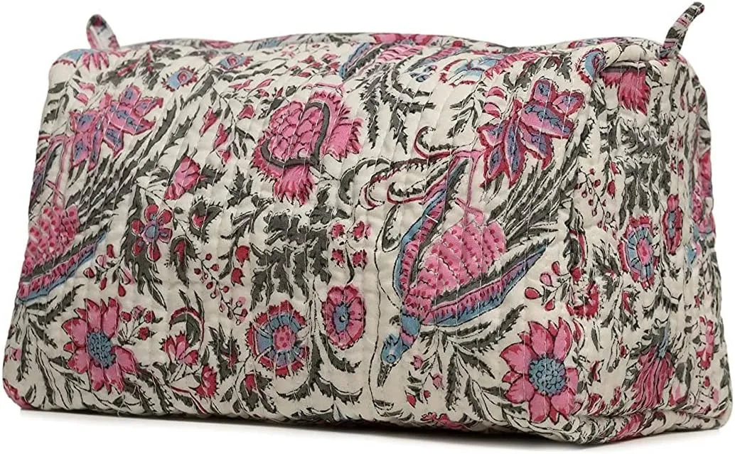 Cotton Hand Block Floral Print Toiletry Bag For Women Make Up Cosmetic Bag Jewelry Organizer Kit Storage Bag Case Travel Accessories Essentials Toiletries Purse Open Pouch, Multi (9.25"x 6.88"x 4.5")