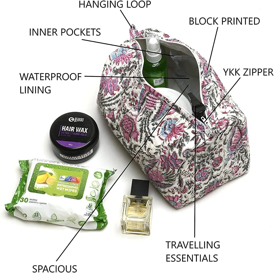 Cotton Hand Block Floral Print Toiletry Bag For Women Make Up Cosmetic Bag Jewelry Organizer Kit Storage Bag Case Travel Accessories Essentials Toiletries Purse Open Pouch, Multi (9.25"x 6.88"x 4.5")