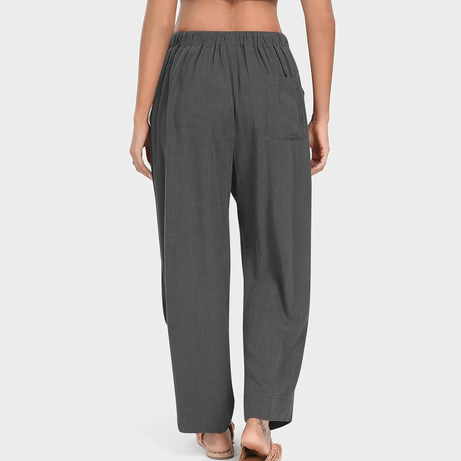 Cotton Linen Pants for Women Summer Wide Leg Pants Drawstring Elastic High Waisted Lounge Pant Casual Beach Trousers