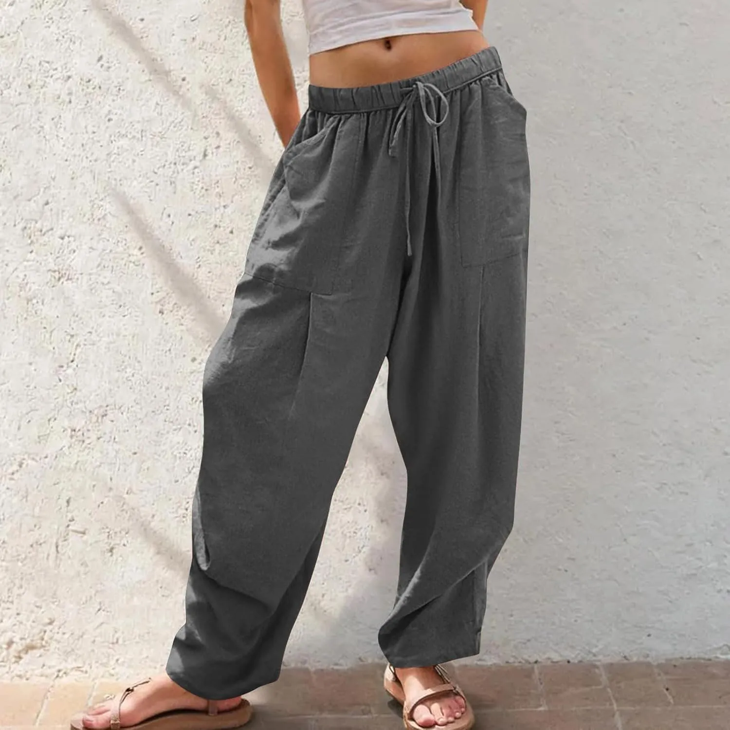 Cotton Linen Pants for Women Summer Wide Leg Pants Drawstring Elastic High Waisted Lounge Pant Casual Beach Trousers