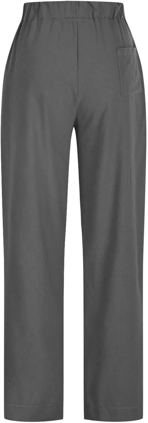 Cotton Linen Pants for Women Summer Wide Leg Pants Drawstring Elastic High Waisted Lounge Pant Casual Beach Trousers