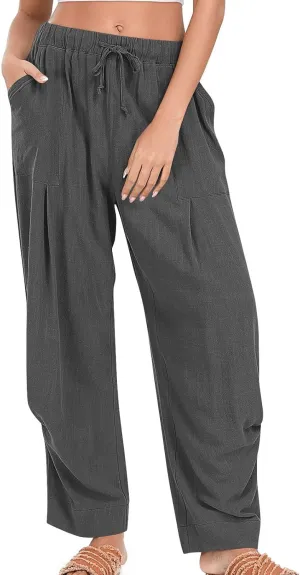 Cotton Linen Pants for Women Summer Wide Leg Pants Drawstring Elastic High Waisted Lounge Pant Casual Beach Trousers
