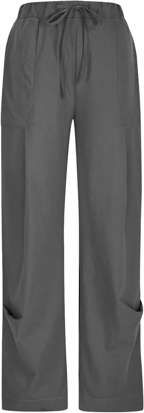 Cotton Linen Pants for Women Summer Wide Leg Pants Drawstring Elastic High Waisted Lounge Pant Casual Beach Trousers