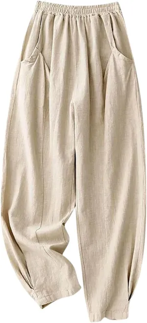 Cotton Linen Pants Women Capri Pants High Waist Pants Cinch Bottom Baggy Casual Summer Travel Trouser with Pockets