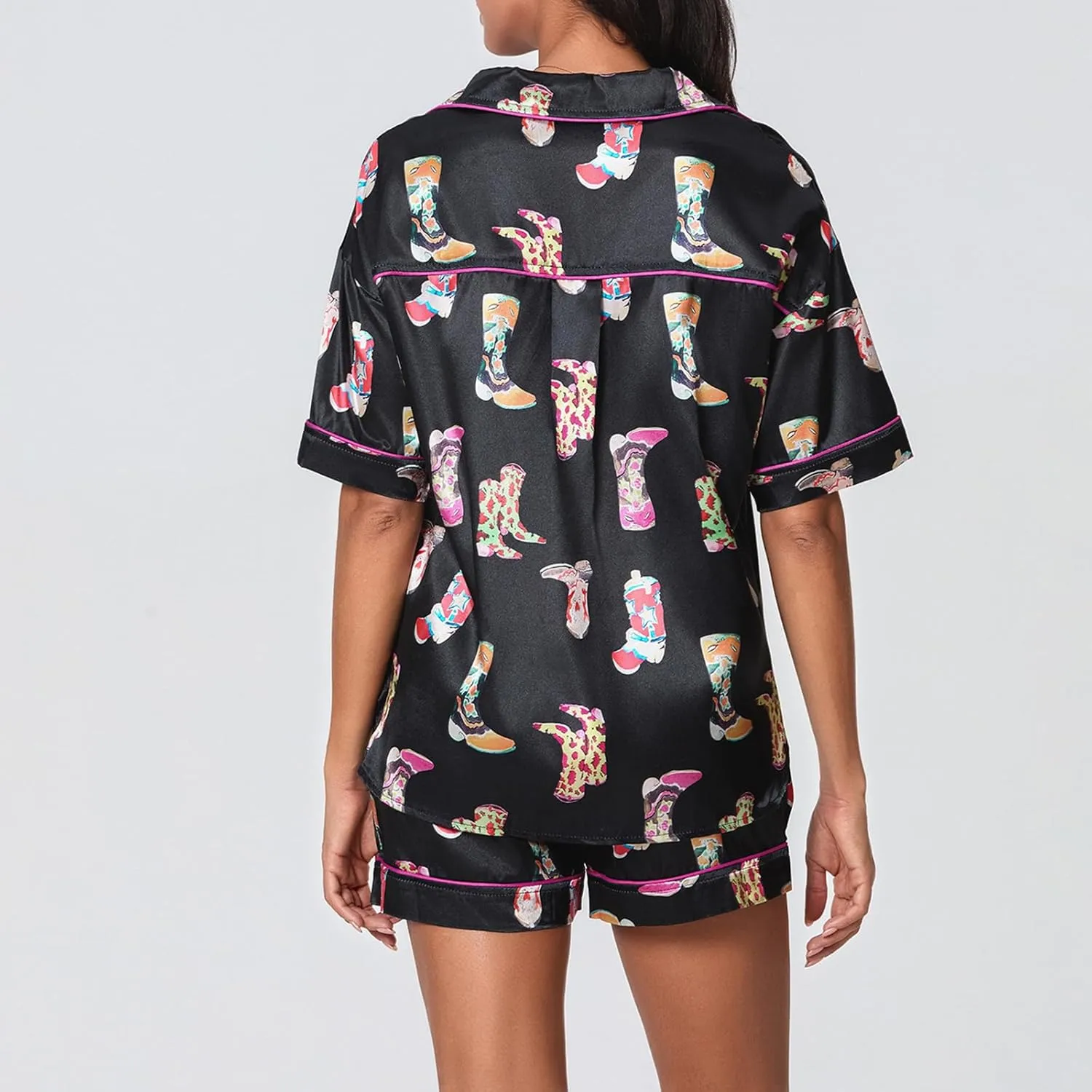Cowboy Boots Pajamas for Women Silk Satin 2 Piece Western Pjs Short Sleeve Preppy Shirt and Pj Shorts Set Sleepwear