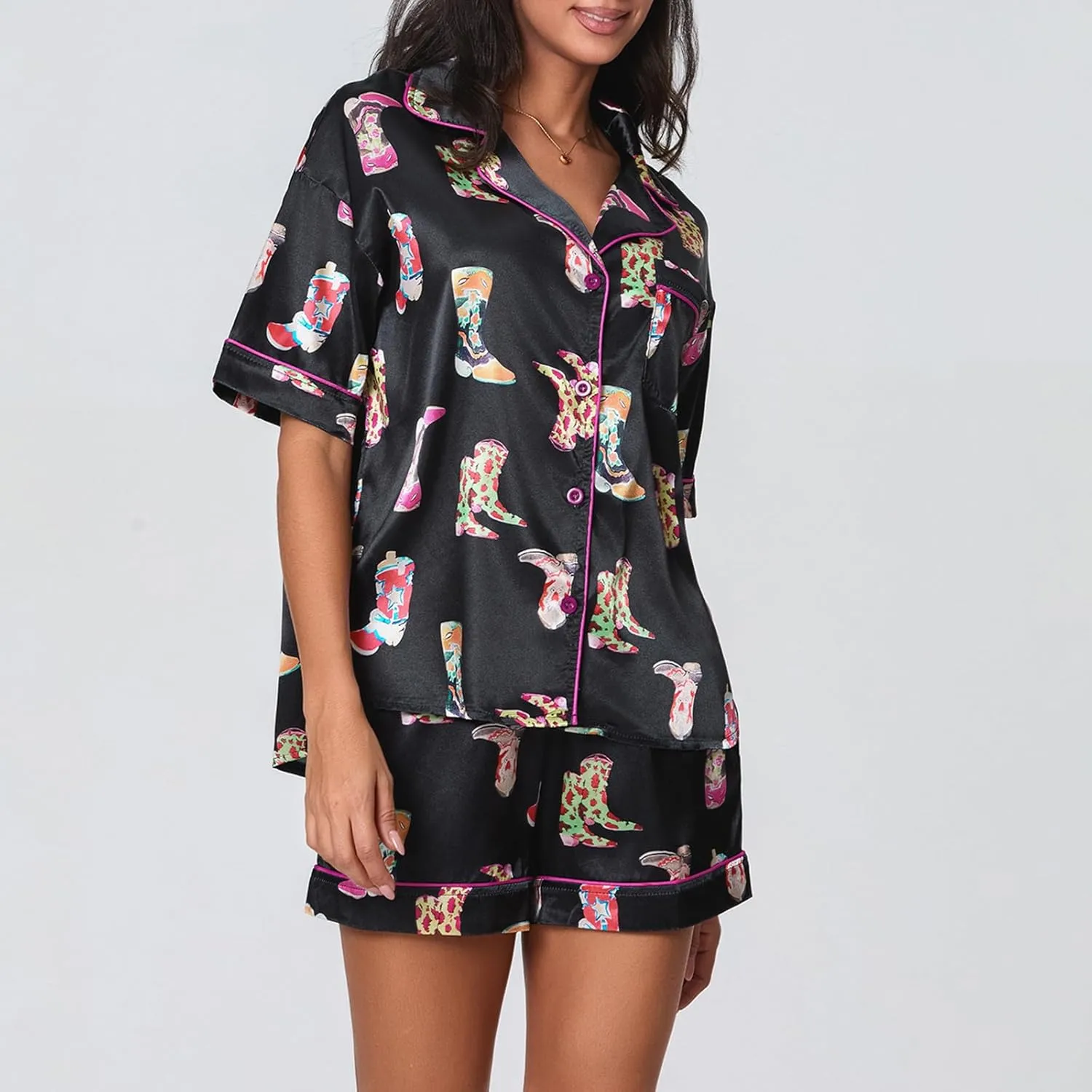 Cowboy Boots Pajamas for Women Silk Satin 2 Piece Western Pjs Short Sleeve Preppy Shirt and Pj Shorts Set Sleepwear