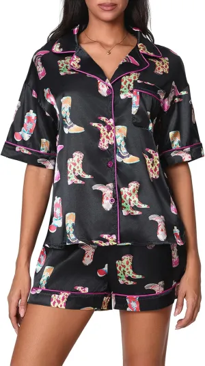 Cowboy Boots Pajamas for Women Silk Satin 2 Piece Western Pjs Short Sleeve Preppy Shirt and Pj Shorts Set Sleepwear