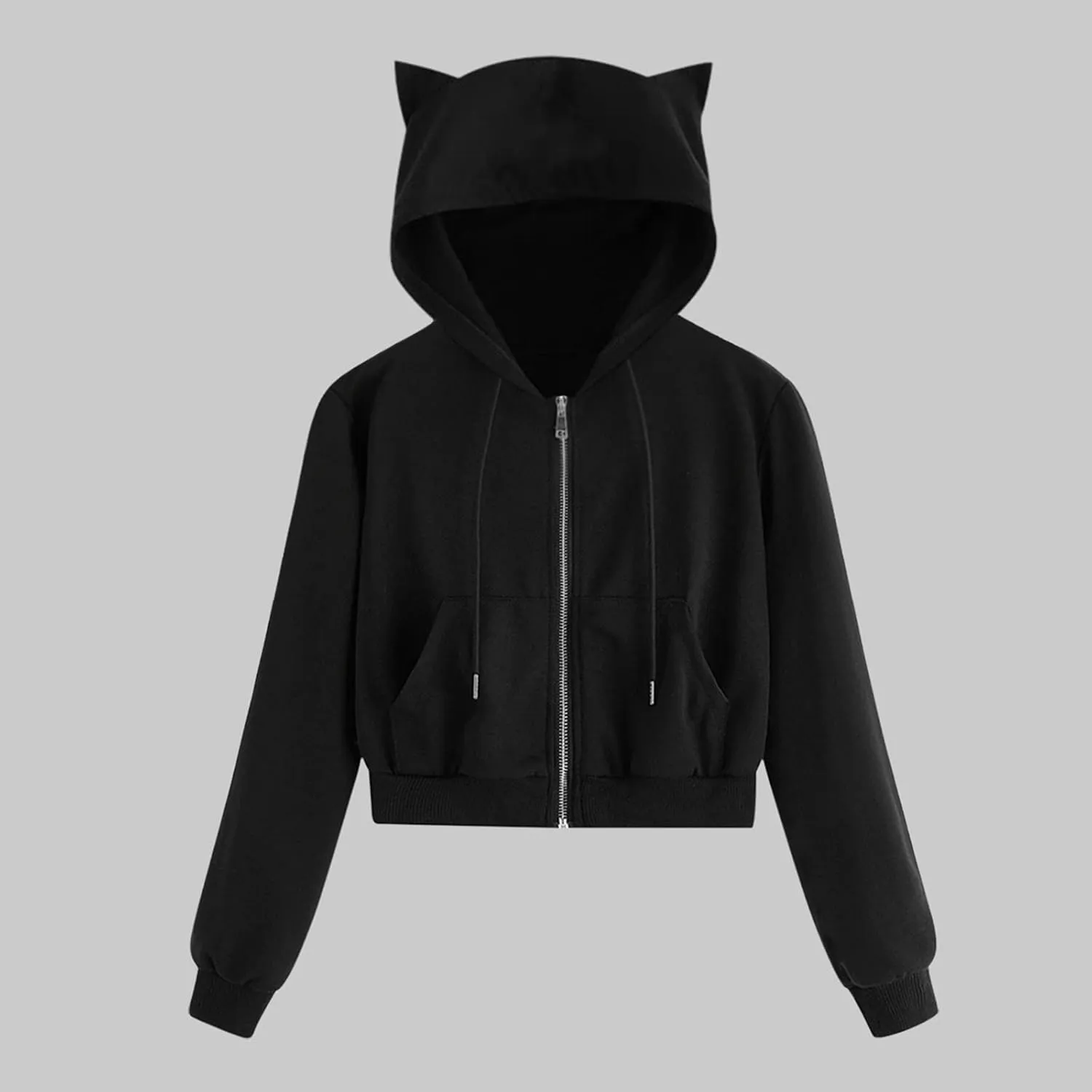 Cute Cat Ear Hoodies for Women Teen Girls Y2K Crop Tops Zip Up Long Sleeve Drawstring Hooded Jackets with Pockets