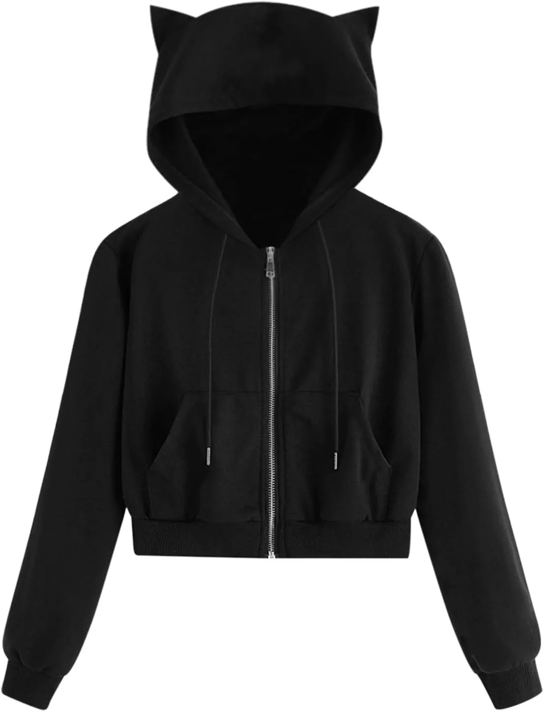 Cute Cat Ear Hoodies for Women Teen Girls Y2K Crop Tops Zip Up Long Sleeve Drawstring Hooded Jackets with Pockets