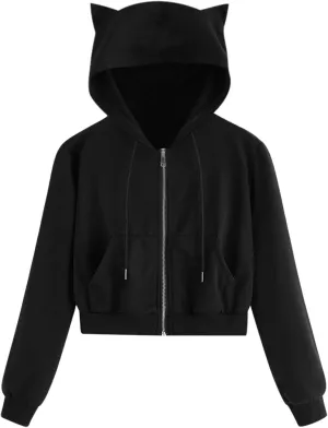 Cute Cat Ear Hoodies for Women Teen Girls Y2K Crop Tops Zip Up Long Sleeve Drawstring Hooded Jackets with Pockets