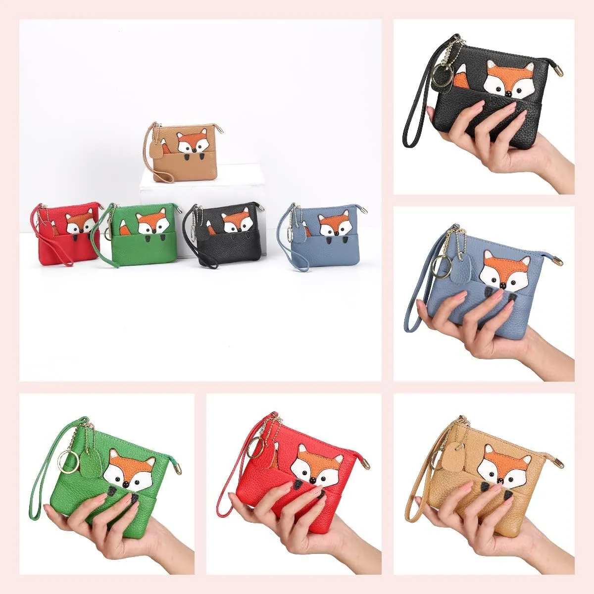 Cute Fox Wallet Keychain Wristlet for Women Girls Mini Slim Coin Purse Pouch Genuine Leather Zipper Car Key Case Lipstick Makeup bag