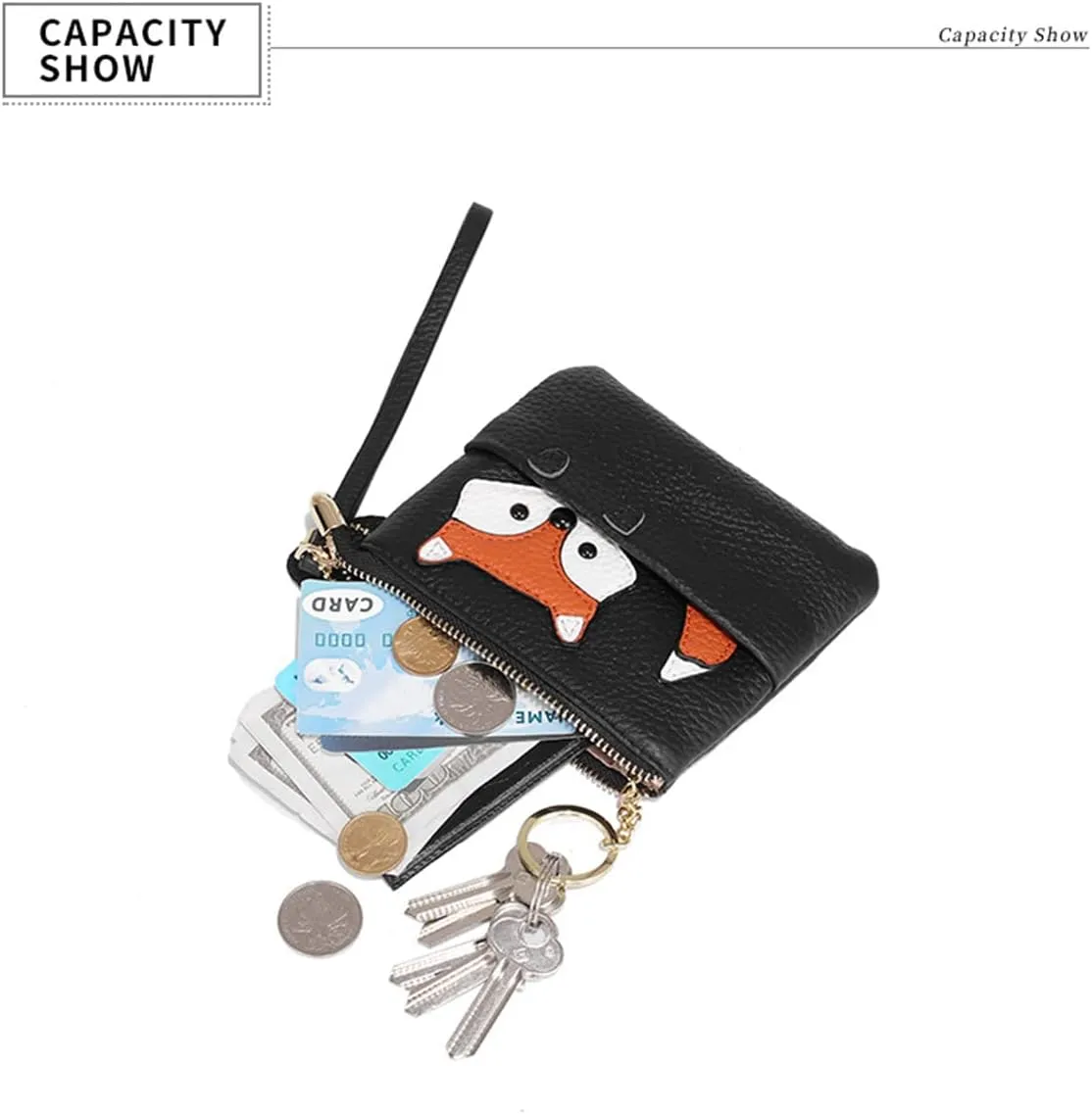 Cute Fox Wallet Keychain Wristlet for Women Girls Mini Slim Coin Purse Pouch Genuine Leather Zipper Car Key Case Lipstick Makeup bag
