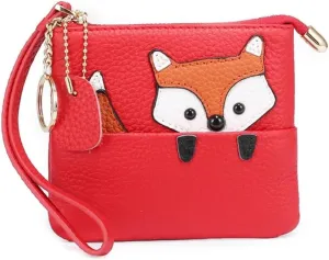 Cute Fox Wallet Keychain Wristlet for Women Girls Mini Slim Coin Purse Pouch Genuine Leather Zipper Car Key Case Lipstick Makeup bag