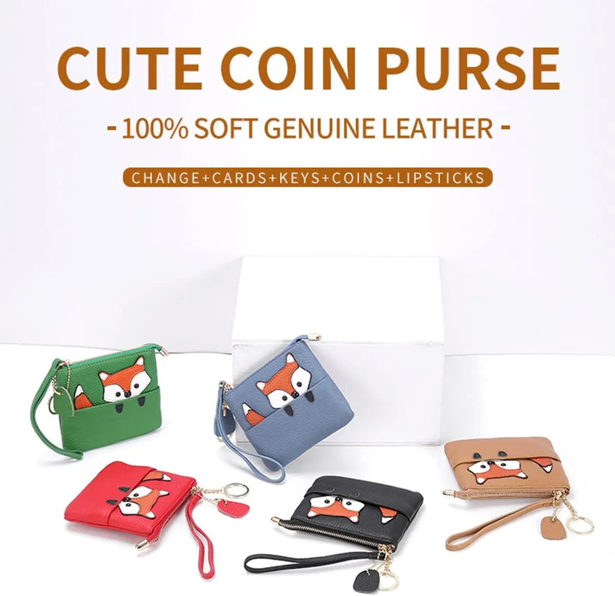 Cute Fox Wallet Keychain Wristlet for Women Girls Mini Slim Coin Purse Pouch Genuine Leather Zipper Car Key Case Lipstick Makeup bag