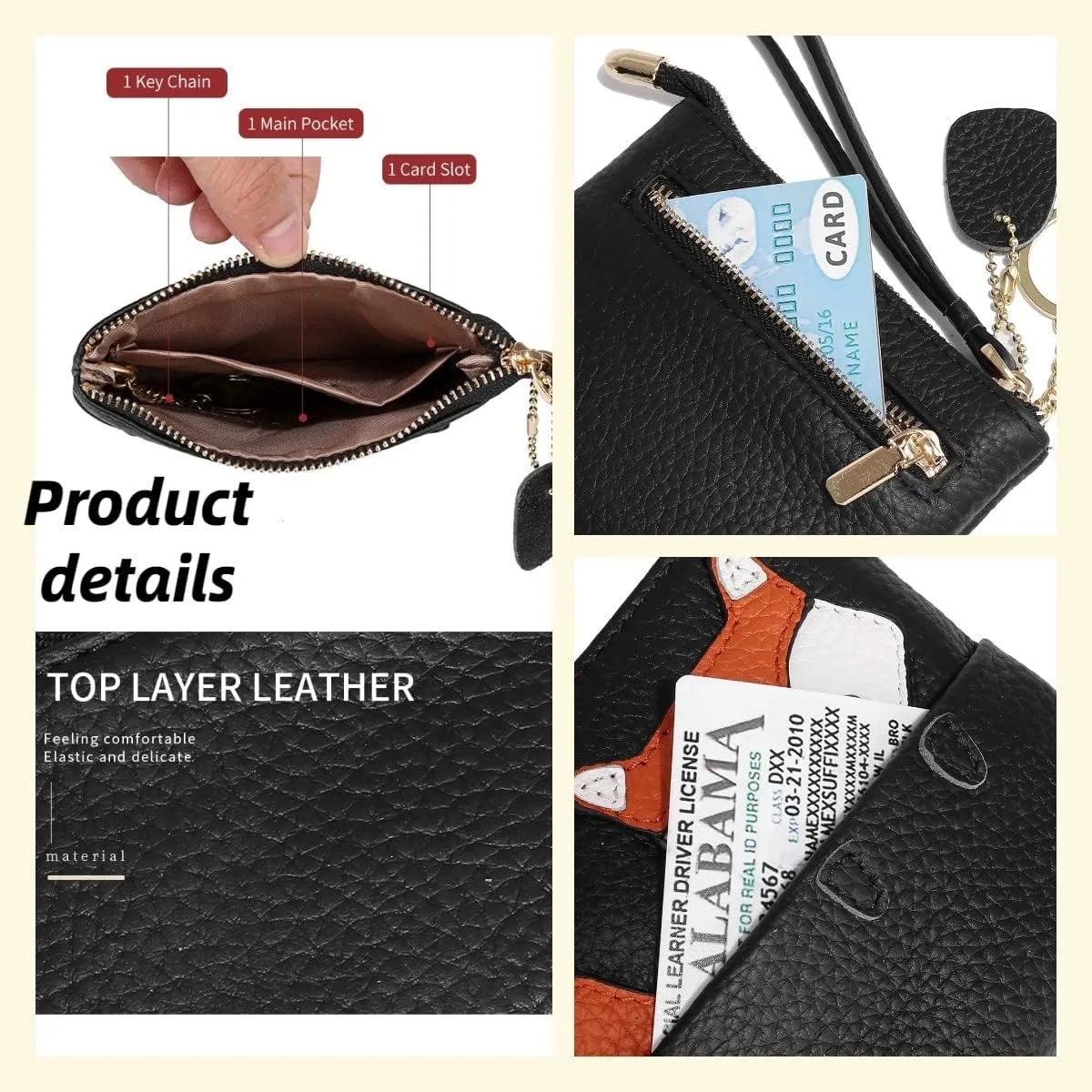 Cute Fox Wallet Keychain Wristlet for Women Girls Mini Slim Coin Purse Pouch Genuine Leather Zipper Car Key Case Lipstick Makeup bag