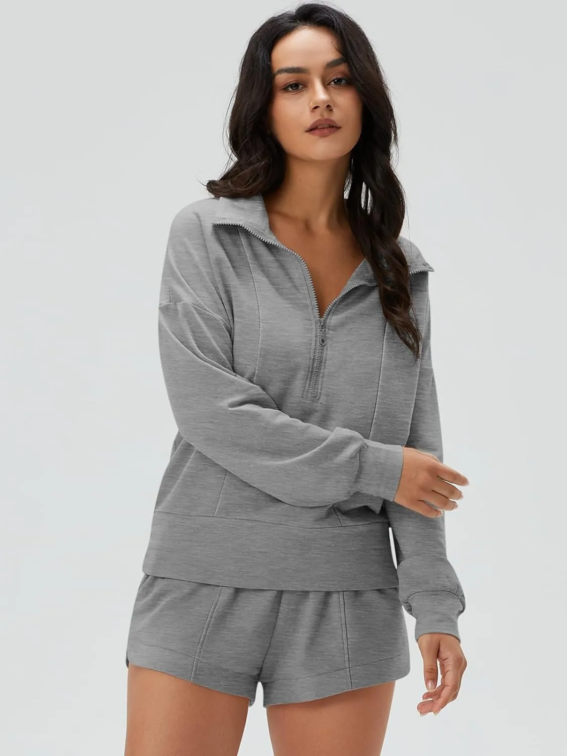 DEEP SELF Women 2 Piece Outfits Sweatshirt Quarter Zip V Neck Long Sleeve Pullover Top Shorts Pajamas Tracksuit Sets