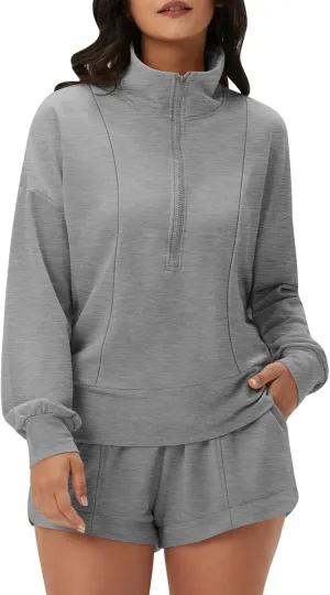 DEEP SELF Women 2 Piece Outfits Sweatshirt Quarter Zip V Neck Long Sleeve Pullover Top Shorts Pajamas Tracksuit Sets